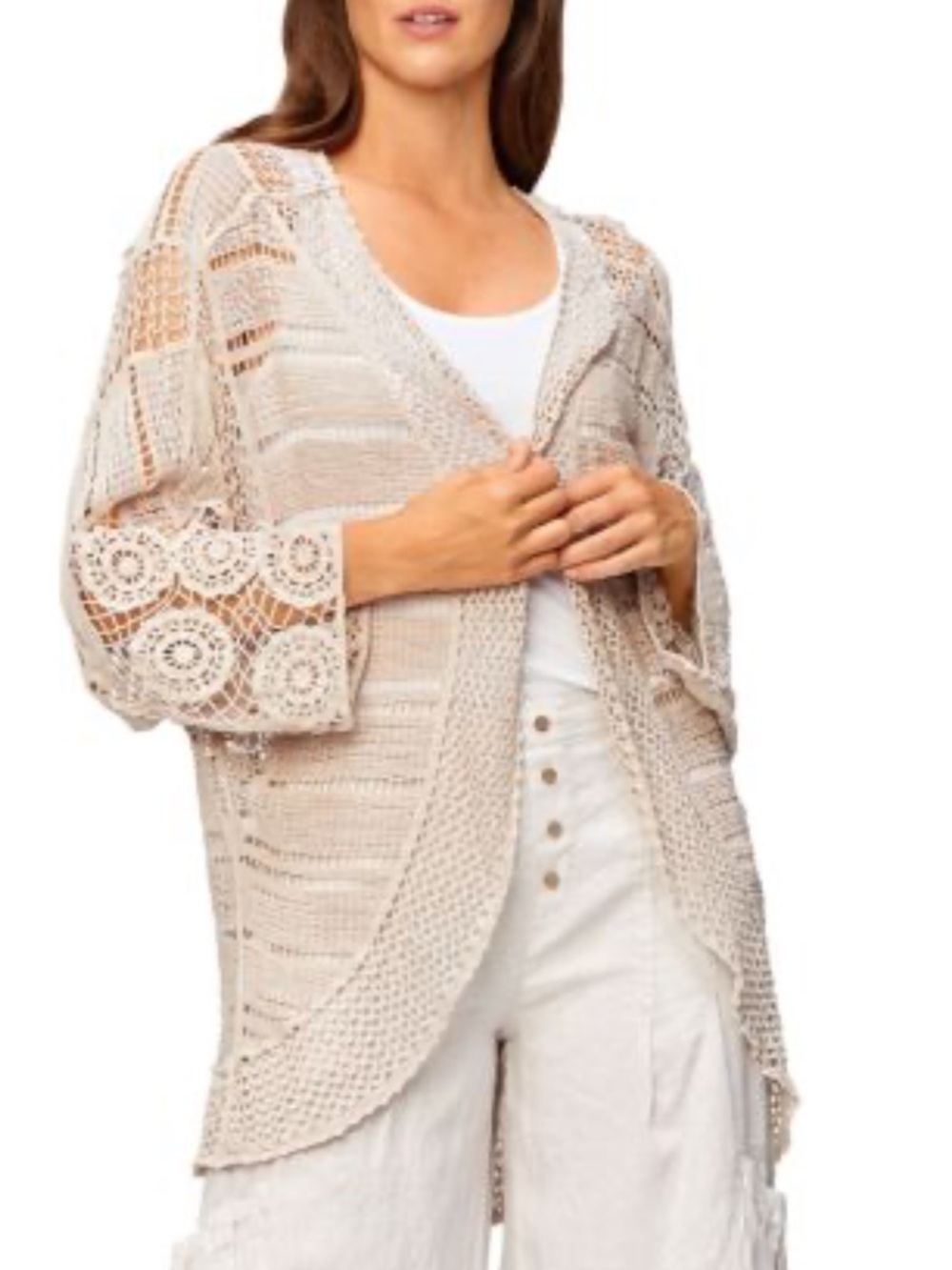 XCVI Taupe Cotton Crochet Lace Open Front Cardigan Kimono One Size